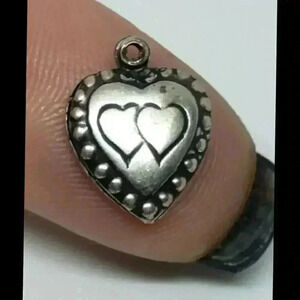 Vintage Charm Puffy Etched Double Hearts Pendant Sterling Silver 925 Antique